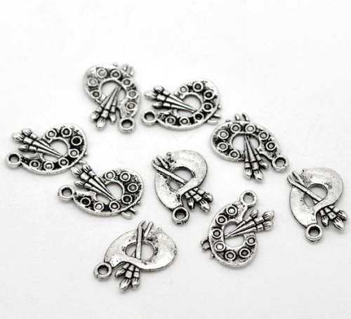 Charms, Antique Silver Charms, Artist Paint Palette With Three Brushes Charms, 17mm (Loose)