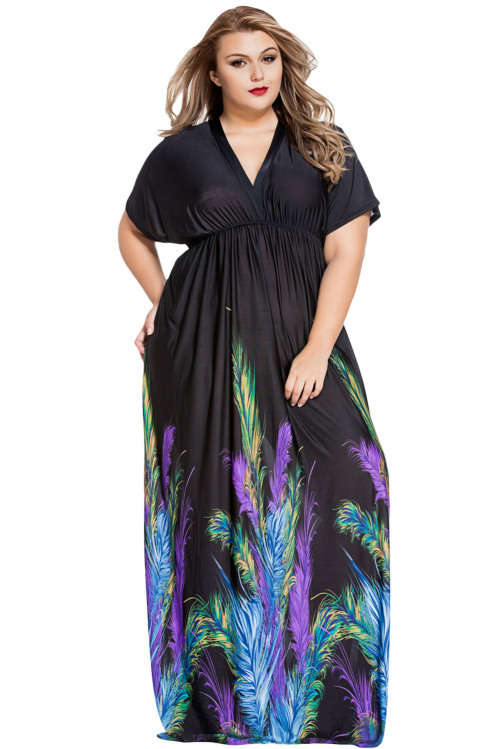 ***PLUS SIZE*** ELEGANT - PRINTED - BLACK - LOOSE FITTING MAXI DRESS - XL/2XL/3XL