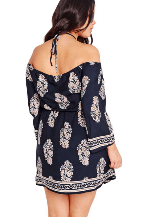 ***PLUS SIZE*** FLORAL PRINT - BARDOT NECK - NAVY - OFF-SHOULDER DRESS - XXL