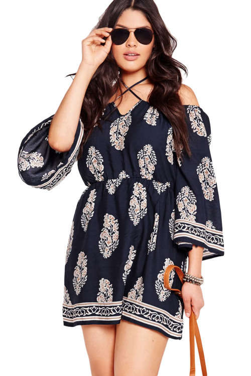 ***PLUS SIZE*** FLORAL PRINT - BARDOT NECK - NAVY - OFF-SHOULDER DRESS - XXL