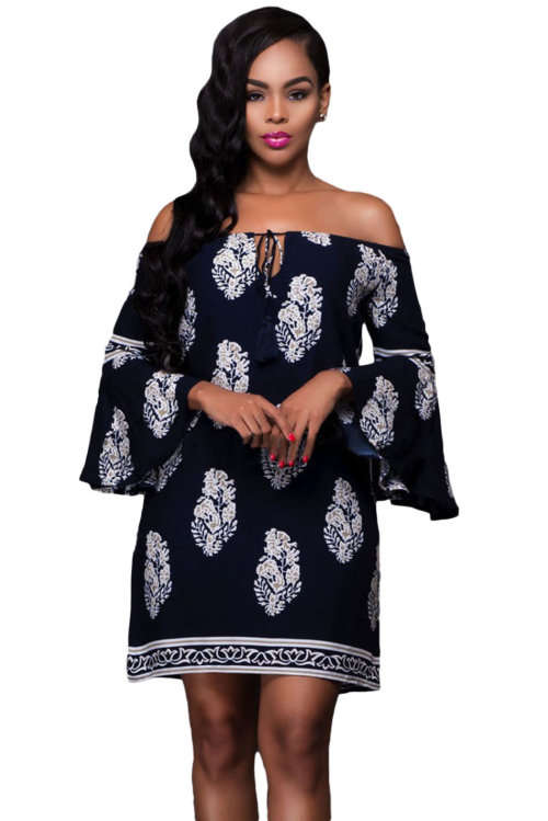 ***PLUS SIZE*** FLORAL PRINT - BARDOT NECK - NAVY - OFF-SHOULDER DRESS - XXL