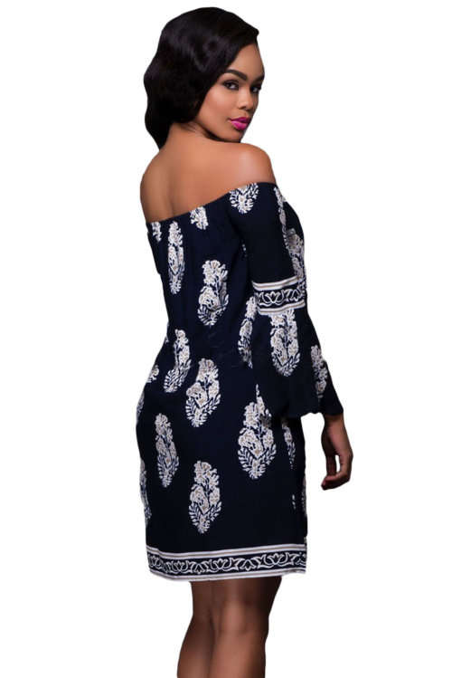 ***PLUS SIZE*** FLORAL PRINT - BARDOT NECK - NAVY - OFF-SHOULDER DRESS - XXL