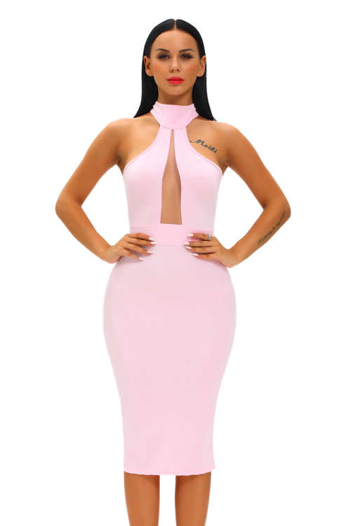 PINK MOCK NECK SHEER PEEP HOLE DRESS - S/M/L
