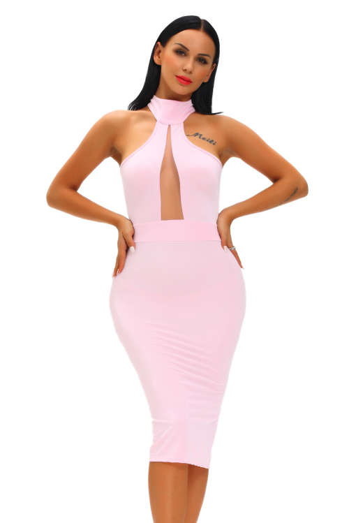 PINK MOCK NECK SHEER PEEP HOLE DRESS - S/M/L