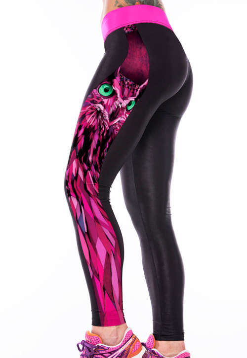 3D FUCHSIA NIGHT OWL PRINT HIGH STRETCH YOGA SPORTS LEGGINGS - ONE SIZE
