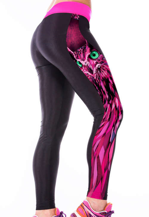 3D FUCHSIA NIGHT OWL PRINT HIGH STRETCH YOGA SPORTS LEGGINGS - ONE SIZE