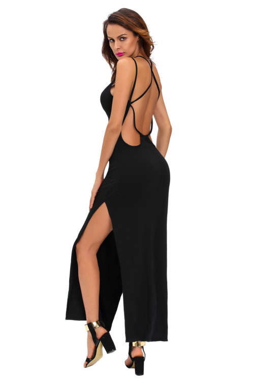 BLACK OPEN BACK MAXI DRESS FORMAL COCKTAIL PARTY NIGHT CLUB EVENING WEAR