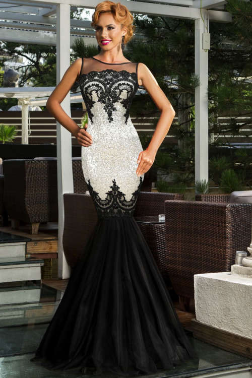 SILVER SEQUIN AND BLACK APPLIQU¿¿ MERMAID EVENING DRESS - LARGE