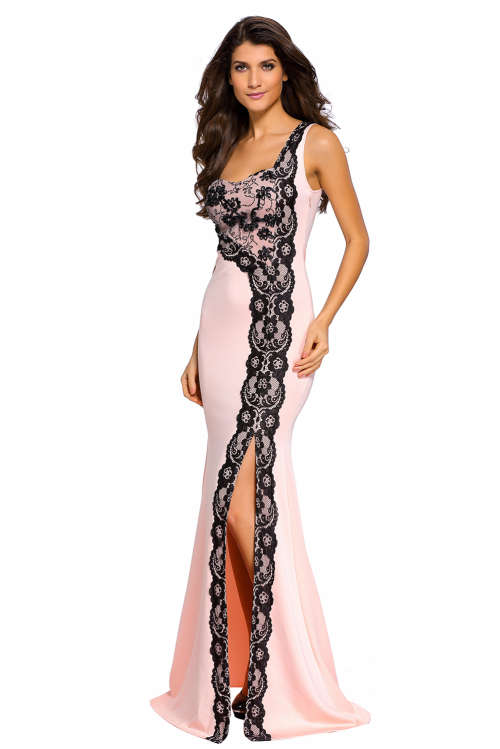GORGEOUS BLACK LACE ONE-SHOULDER FLESH PINK EVENING GOWN  - S/M/L