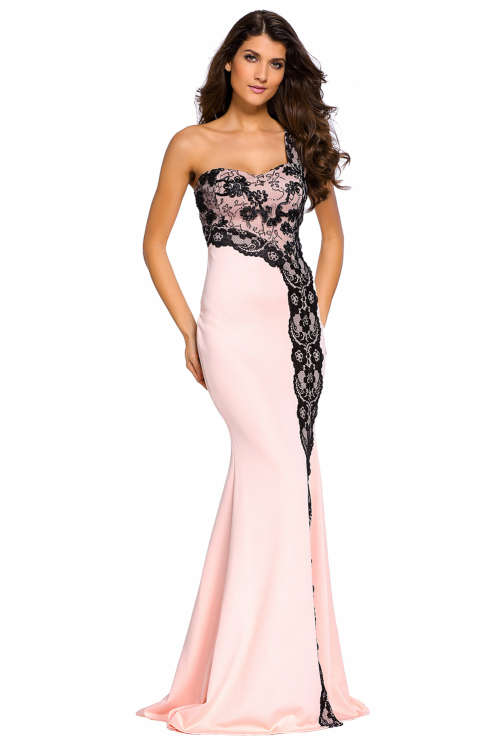 GORGEOUS BLACK LACE ONE-SHOULDER FLESH PINK EVENING GOWN  - S/M/L