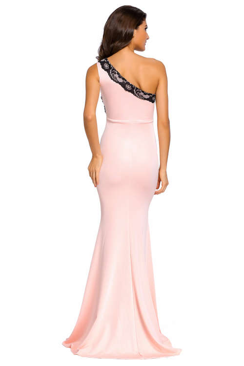 GORGEOUS BLACK LACE ONE-SHOULDER FLESH PINK EVENING GOWN  - S/M/L