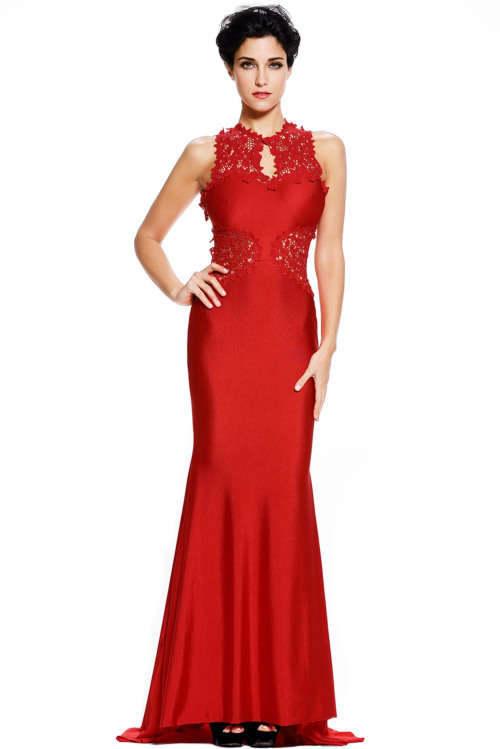 ***HOT SPECIAL*** SHIMMERING RED OPEN BACK FLORAL APPLIQUE EVENING DRESS - M/L