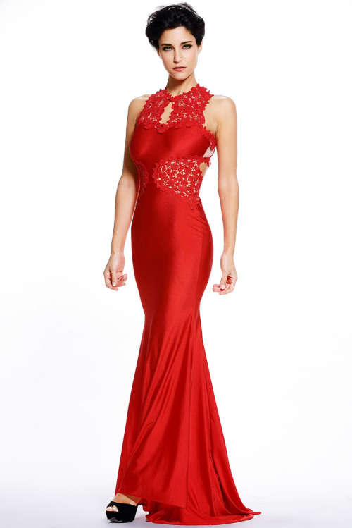 ***HOT SPECIAL*** SHIMMERING RED OPEN BACK FLORAL APPLIQUE EVENING DRESS - M/L