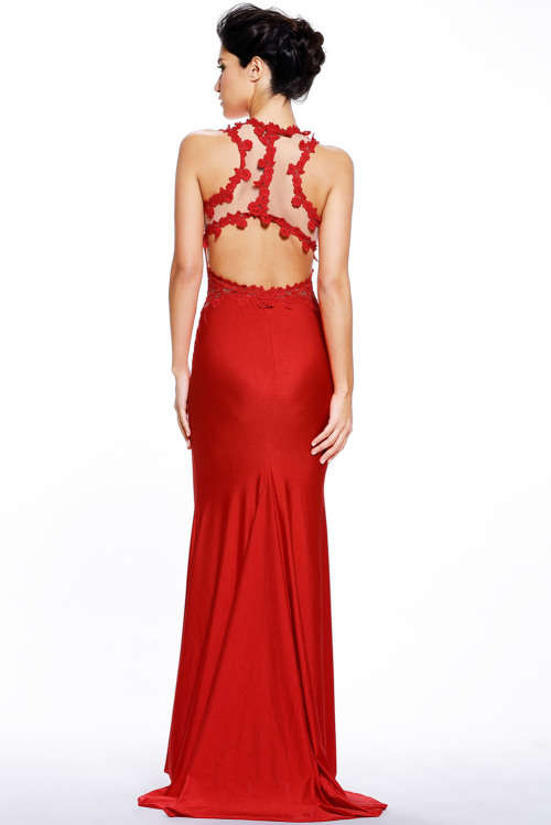***HOT SPECIAL*** SHIMMERING RED OPEN BACK FLORAL APPLIQUE EVENING DRESS - M/L