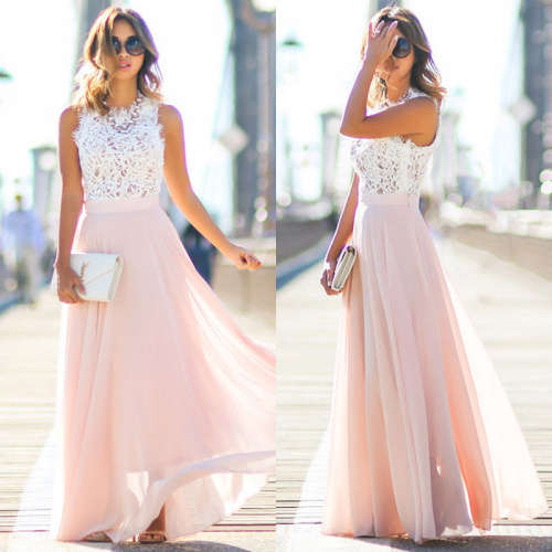**LOCAL STOCK** ELEGANT WHITE LACE AND PINK CHIFFON FORMAL MAXI DRESS - XL