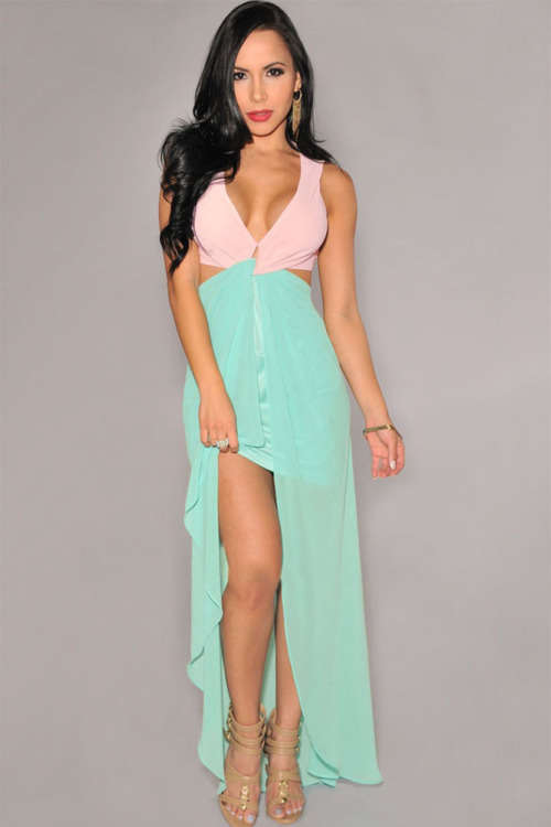 DELIGHTFUL DUAL TONE CUT AWAY SIDE SLIT MAXI DRESS - M/L