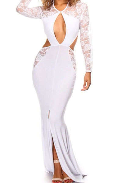WHITE LONG SLEEVE LACE CUT-OUT FLOOR LENGTH FORMAL COCKTAIL PARTY EVENING MAXI DRESS - ONE SIZE