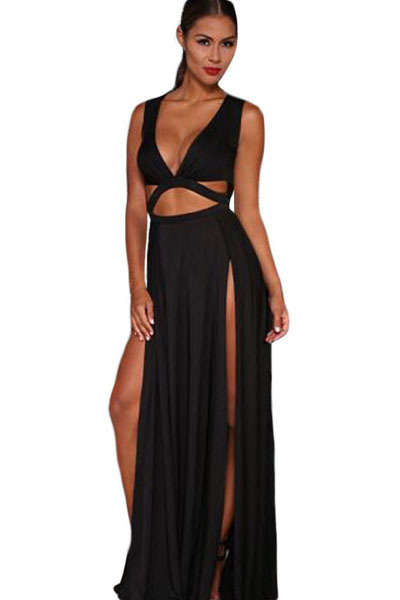 SEXY BLACK CUT AWAY DETAIL HIGH SLIT SIDES MAXI DRESS - ONE SIZE
