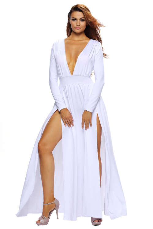 CLASSY WHITE V NECK LONG SLEEVE HIGH SLIT MAXI DRESS FORMAL EVENING WEAR - S/M/L