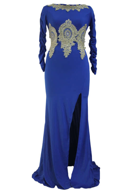 GOLD LACE APPLIQUE ROYAL BLUE LONG SLEEVE EVENING DRESS - S/L