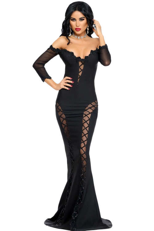 BLACK SEQUIN MESH DETAIL OFF SHOULDER MERMAID EVENING DRESS - S/M/L