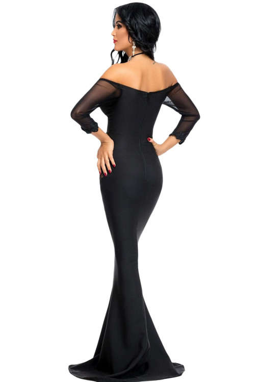 BLACK SEQUIN MESH DETAIL OFF SHOULDER MERMAID EVENING DRESS - S/M/L