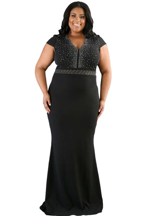 ***PLUS SIZE*** STYLISH RHINESTONE FRONT BODICE SCALLOPED NECKLINE BLACK EVENING DRESS - XL/2XL/3XL