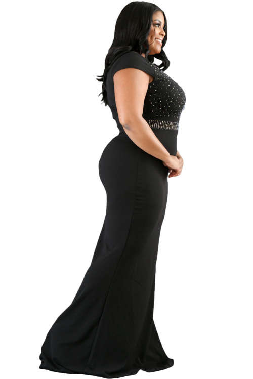***PLUS SIZE*** STYLISH RHINESTONE FRONT BODICE SCALLOPED NECKLINE BLACK EVENING DRESS - XL/2XL/3XL
