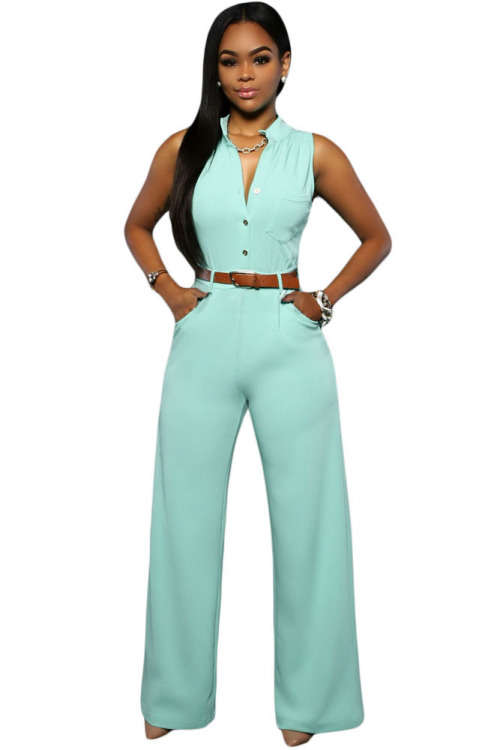 STYLISH LIGHT BLUE BELTED WIDE LEG JUMPSUIT (SMALL TO PLUS SIZE)