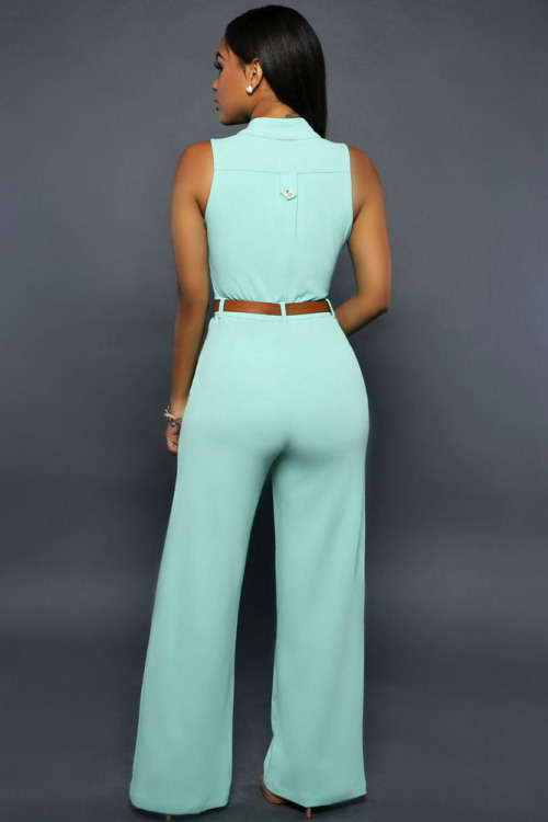 STYLISH LIGHT BLUE BELTED WIDE LEG JUMPSUIT (SMALL TO PLUS SIZE)