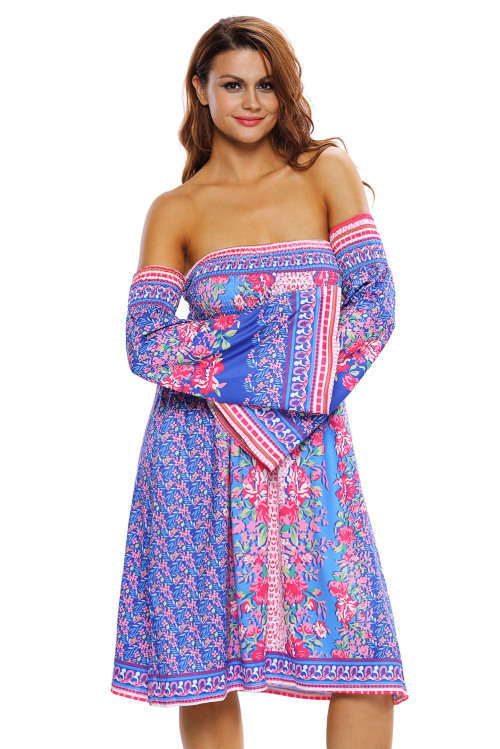 BLUE PINK FLORAL PRINT OFF SHOULDER BELL SLEEVE BOHO DRESS - S/M/L