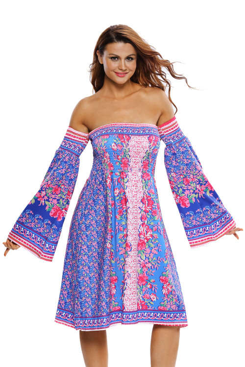 BLUE PINK FLORAL PRINT OFF SHOULDER BELL SLEEVE BOHO DRESS - S/M/L
