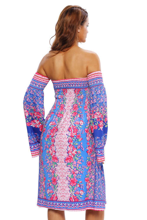 BLUE PINK FLORAL PRINT OFF SHOULDER BELL SLEEVE BOHO DRESS - S/M/L