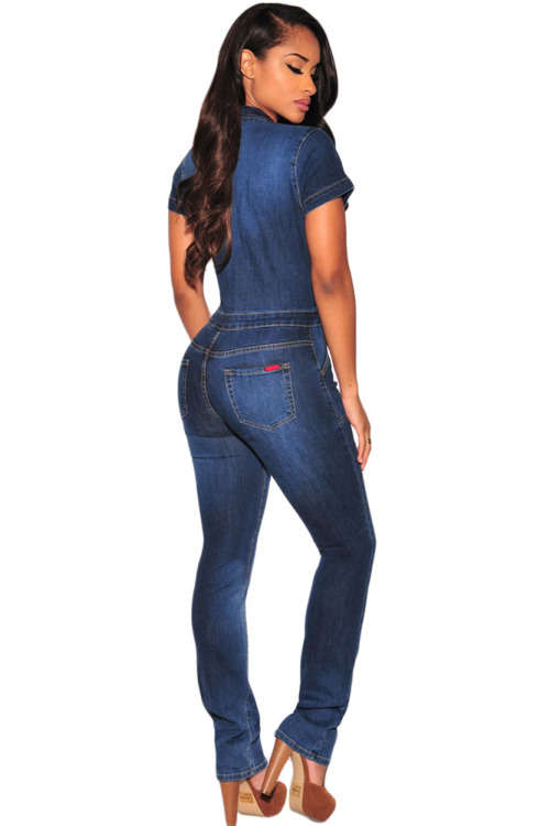 DARK DENIM SHORT SLEEVE BUTTON UP/ DOWN JUMPSUIT - S/M/L