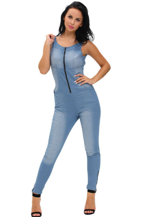 STRETCHY LIGHTWEIGHT DENIM SLEEVELESS FRONT ZIPPER JUMPSUIT - S/M/L