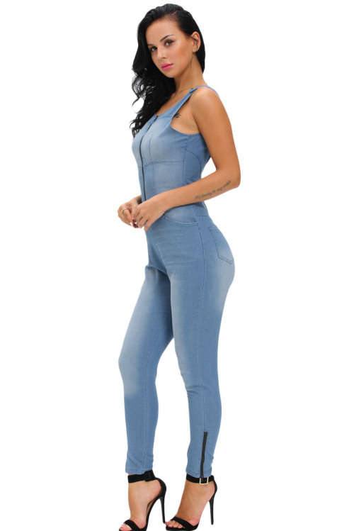 STRETCHY LIGHTWEIGHT DENIM SLEEVELESS FRONT ZIPPER JUMPSUIT - S/M/L