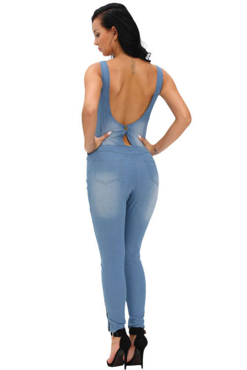STRETCHY LIGHTWEIGHT DENIM SLEEVELESS FRONT ZIPPER JUMPSUIT - S/M/L
