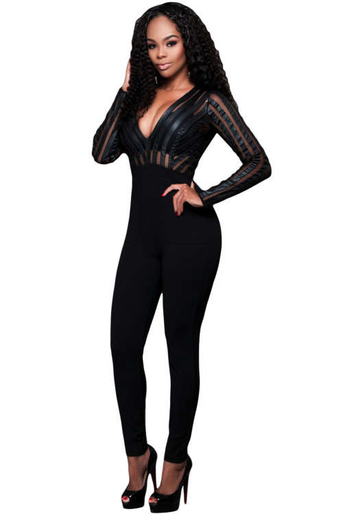 BLACK MESH FAUX LEATHER STRIPES LONG SLEEVES JUMPSUIT - S/M/L