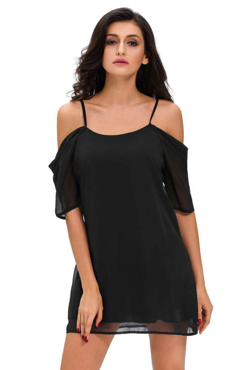 BLACK OFF SHOULDER CHIFFON MINI DRESS - SMALL TO PLUS SIZE