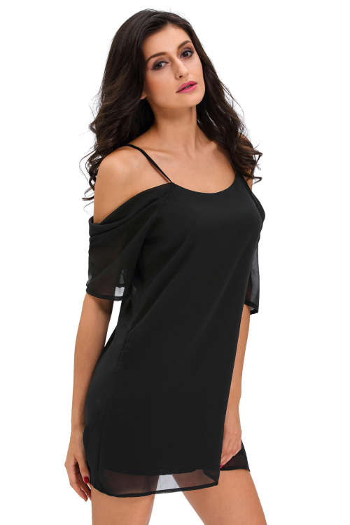 BLACK OFF SHOULDER CHIFFON MINI DRESS - SMALL TO PLUS SIZE