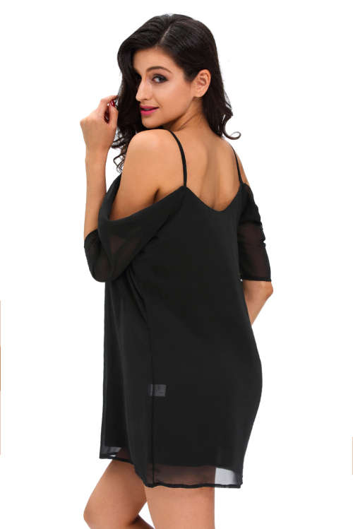 BLACK OFF SHOULDER CHIFFON MINI DRESS - SMALL TO PLUS SIZE