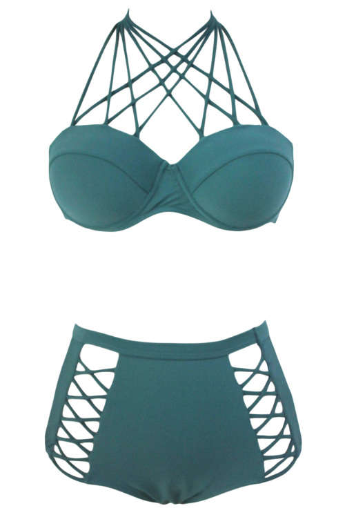 STUNNING GREEN STRAPPY DETAIL PUSH UP HIGH WAIST BIKINI - S/M/L/XL/2XL