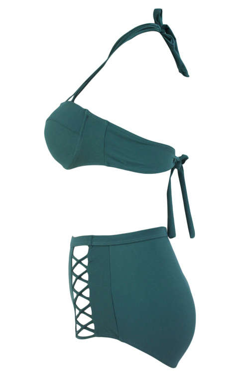 STUNNING GREEN STRAPPY DETAIL PUSH UP HIGH WAIST BIKINI - S/M/L/XL/2XL