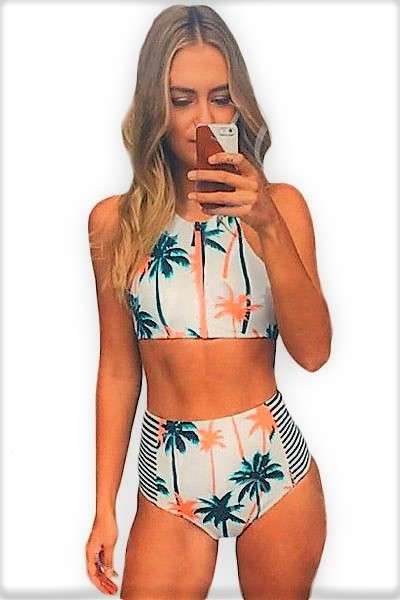 LOVELY PALM TREE PRINT SIDE STRIPE HIGH WAIST TWO PIECE SWIMWEAR - S/M/L/XL/2XL
