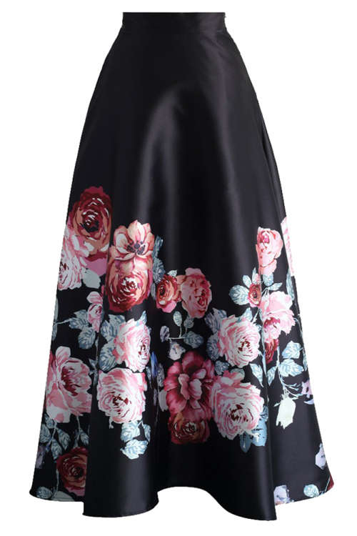 BLOSSOMING BLACK HIGH WAIST MAXI SKIRT- S/M/L