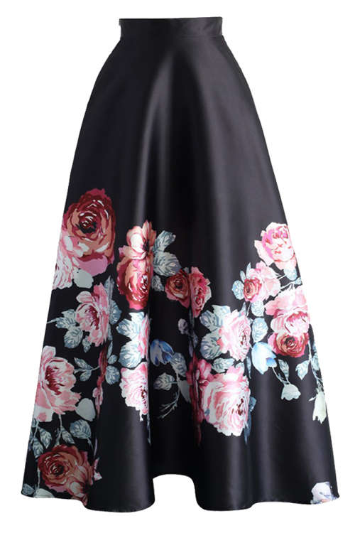 BLOSSOMING BLACK HIGH WAIST MAXI SKIRT- S/M/L