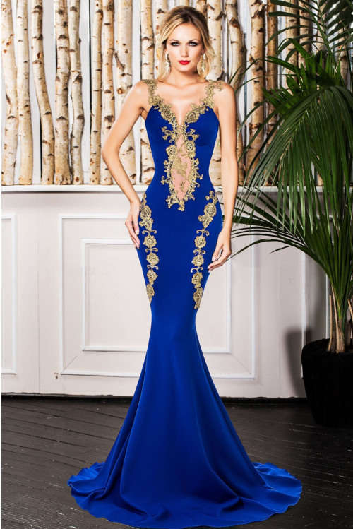 DELUXE BLUE LACE APPLIQUE MERMAID PARTY DRESS FORMAL EVENING WEAR - S/M