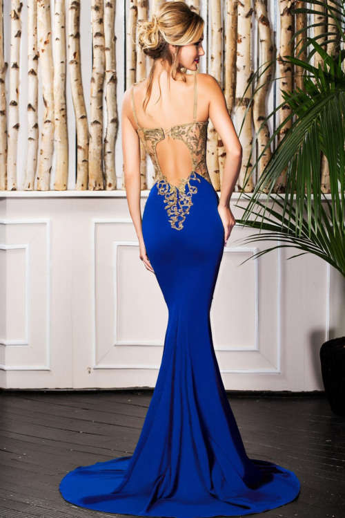 DELUXE BLUE LACE APPLIQUE MERMAID PARTY DRESS FORMAL EVENING WEAR - S/M