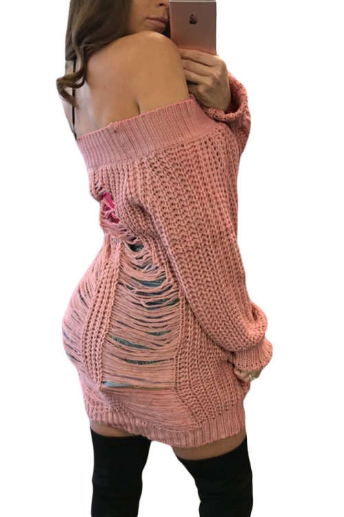 PINK OFF SHOULDER SHREDDED BACK MINI LONG SLEEVE SWEATER DRESS - S/M/L