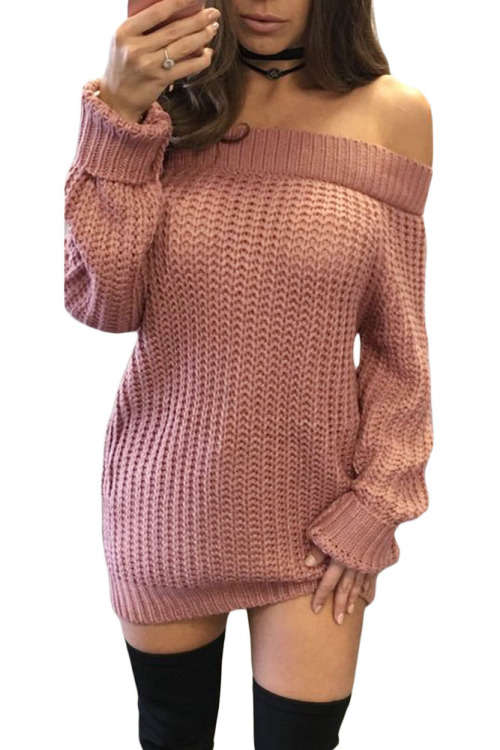 PINK OFF SHOULDER SHREDDED BACK MINI LONG SLEEVE SWEATER DRESS - S/M/L